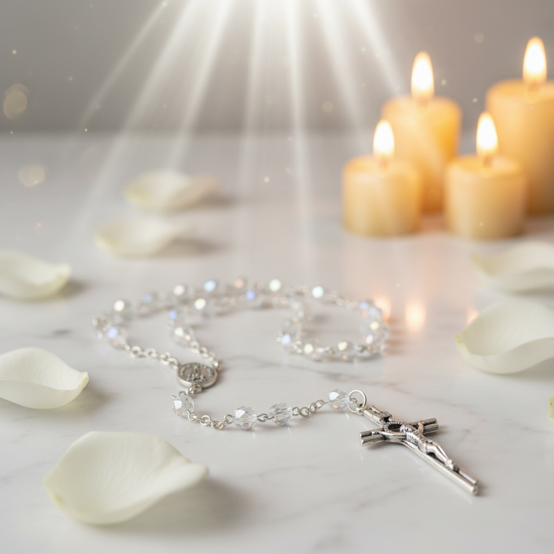 Crystal Glass Rosary on a marble surface with candles in the background