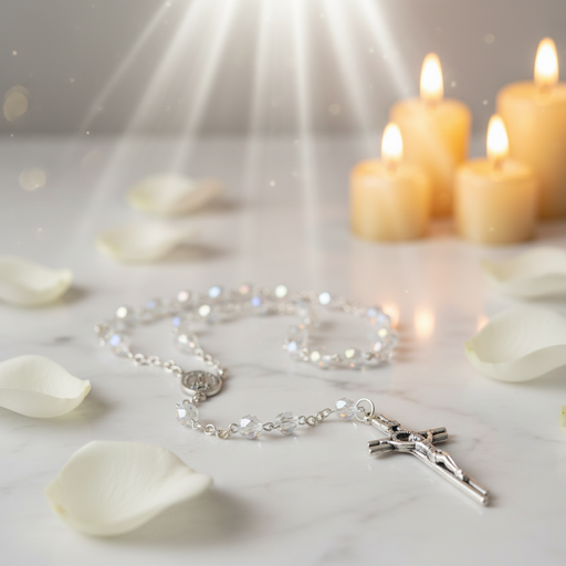 Crystal Glass Rosary on a marble surface with candles in the background