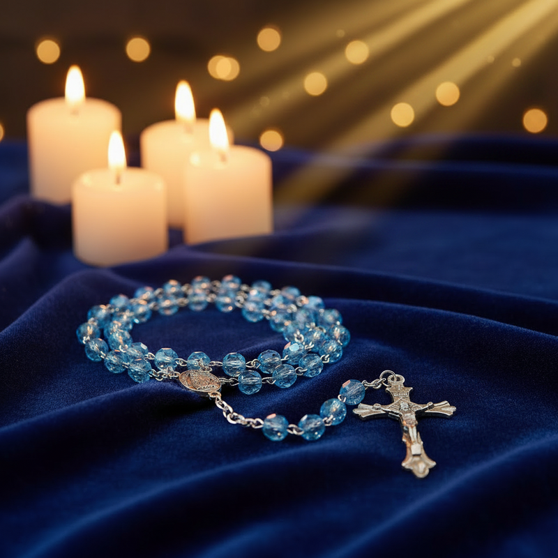 Blue rosary with a cross on blue fabric with lit candles in the background