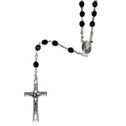 Black rosary with silver cross and central figure on a white background