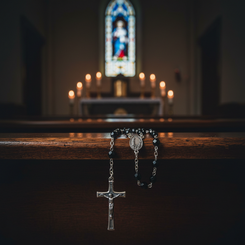 Rosary on a wooden surface with a blurred church interior in the background