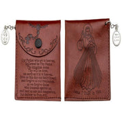 Brown leather pouch with religious designs and text on a white background
