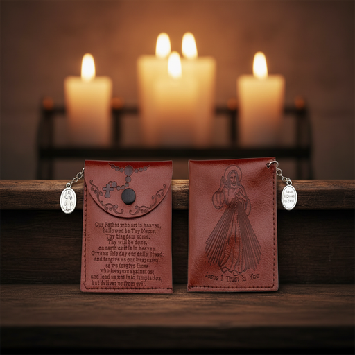 Two leather rosary cases with religious text and illustrations on a wooden surface with candles in the background.