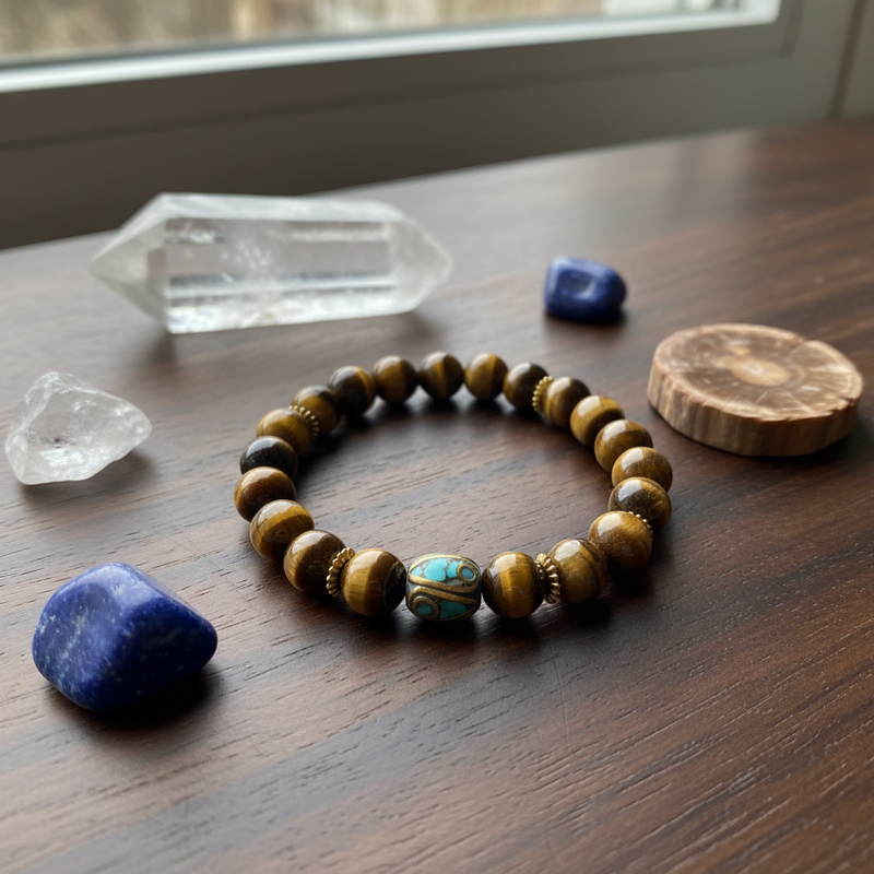 A beaded bracelet made of brown tiger's eye beads with a central turquoise and gold accent bead, displayed on a dark wooden table alongside raw crystals and a wood slice.