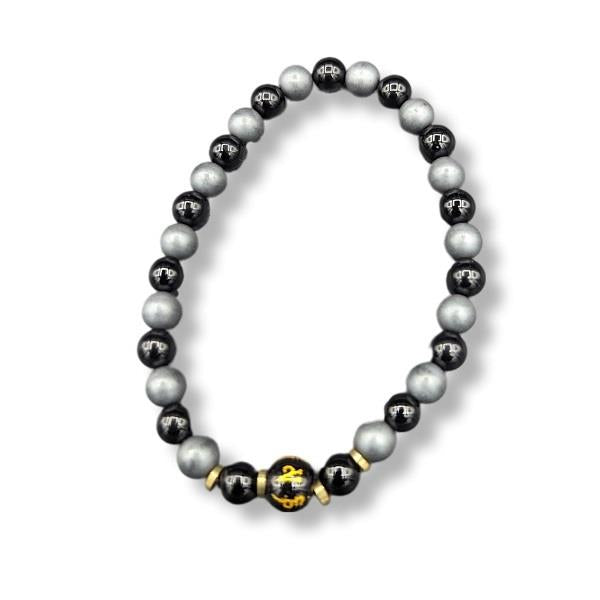 4mm Bracelet Onyx & Hematite with Om Mani Padme Hum Bead