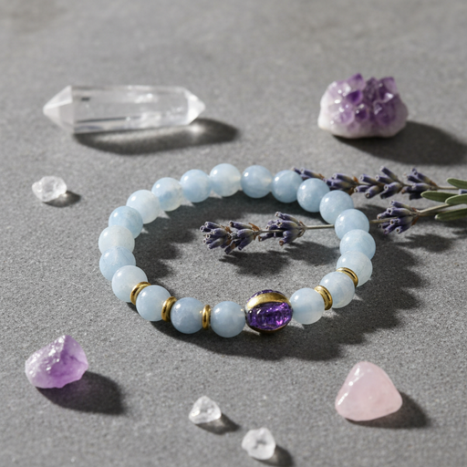 A beaded stretch bracelet made of pale blue round beads with small gold spacer rings and a central oval purple stone, arranged on a gray surface with crystals and lavender sprigs around it.