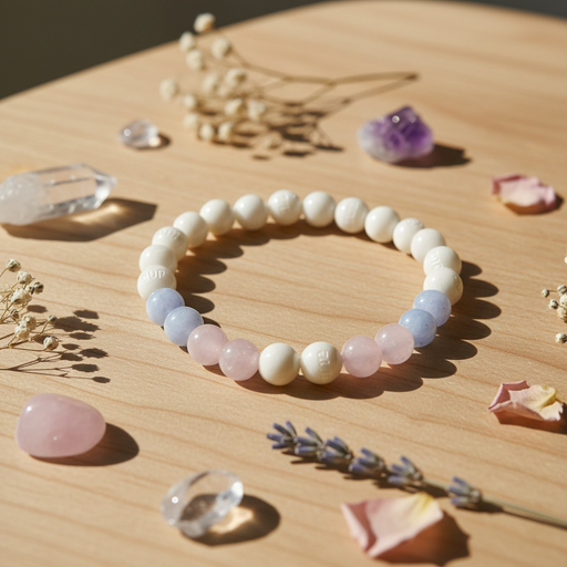 A beaded bracelet made of alternating white, pale pink, and light blue beads, arranged in a circle on a light wood surface with dried flowers and crystals around it.