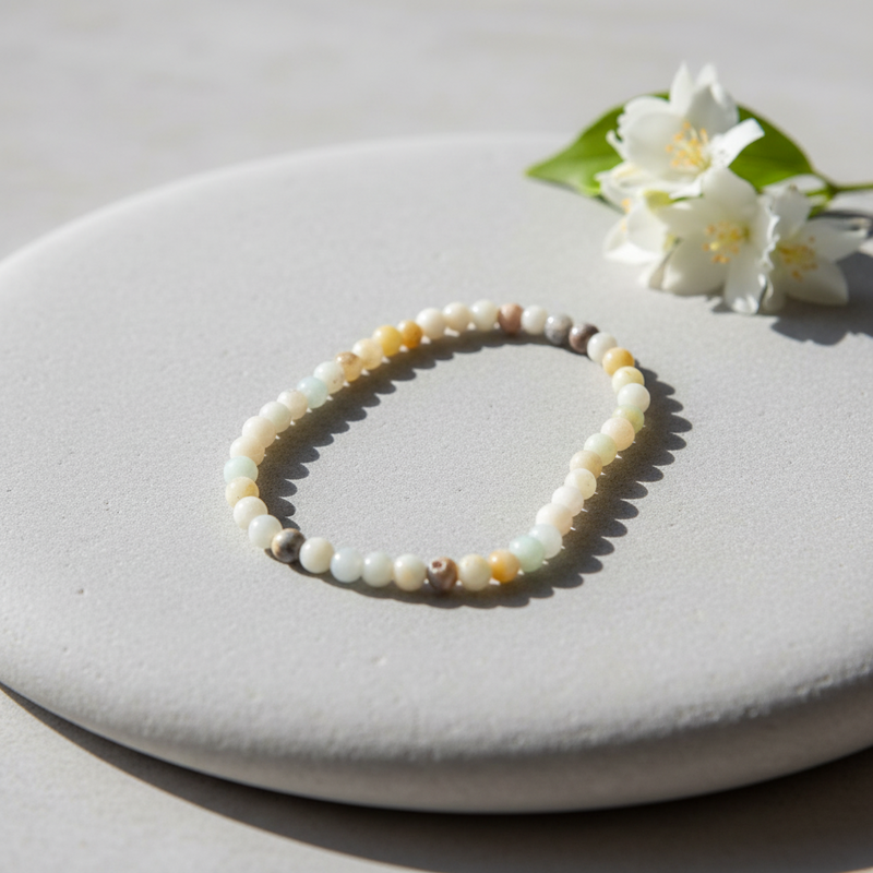 Beaded bracelet on a white stone surface with white flowers in the background