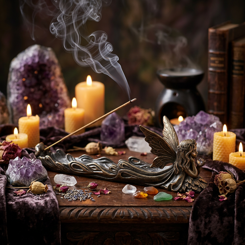 A decorative bronze fairy-shaped incense holder on a carved wooden table, with a smoking incense stick resting in its winged form. The scene is styled with purple amethyst geodes, lit yellow pillar candles, crystals, dried flowers, and old books in a mystical, dark setting.