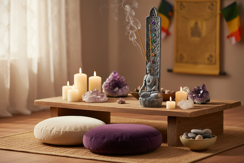 11.5" Incense Burner Buddha with Chakra Gems