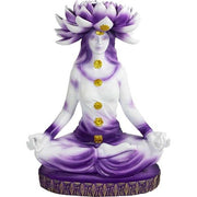 Statue of a meditating figure with purple and white colors on a white background