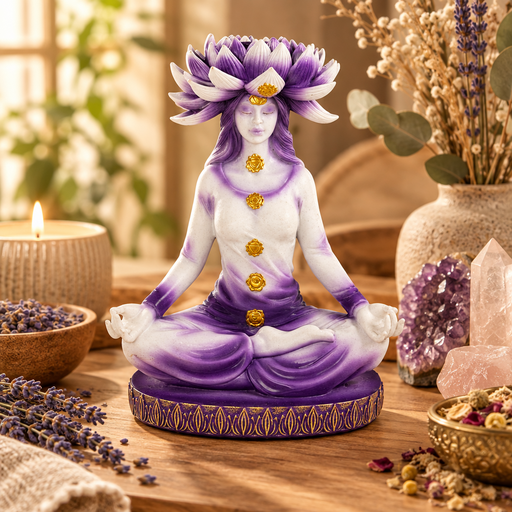 A purple and white lotus-headed meditating statue with gold accents, displayed on a wooden surface surrounded by decorative crystals, dried flowers, and a lit candle.