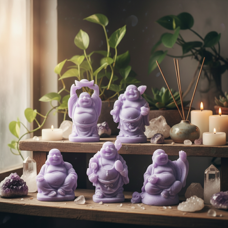 Purple Buddha statues on a wooden shelf with candles and plants in the background