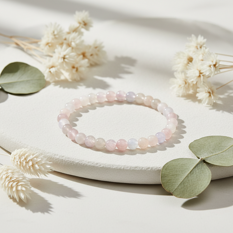 A beaded stretch bracelet made of soft pastel pink, peach, and pale lavender translucent beads, styled on a textured white stone plate with dried white flowers and green leaves.