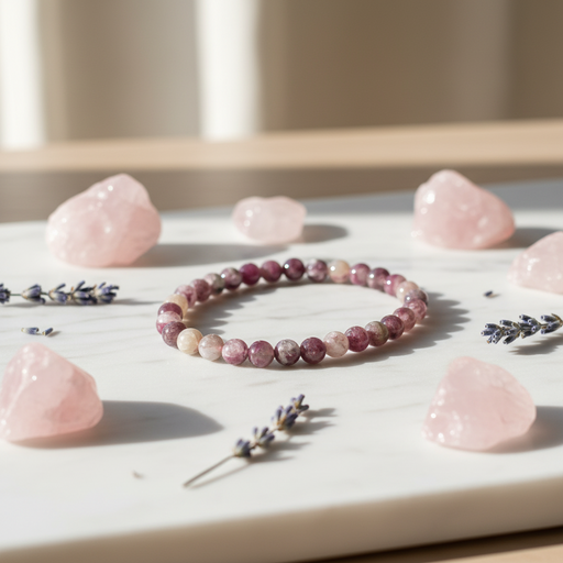 A beaded bracelet made of round pink and mauve stones sits on a white marble tray, surrounded by pink crystal stones and sprigs of dried lavender in warm natural light.