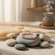 A pink beaded bracelet rests on smooth gray stones arranged on a linen surface, with dried grass and a softly blurred ceramic vessel in the background.