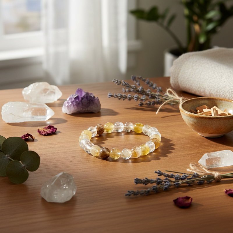 A beaded bracelet made of clear and yellow translucent stones sits on a wooden table surrounded by crystals, dried lavender, a small bowl, and soft natural light.