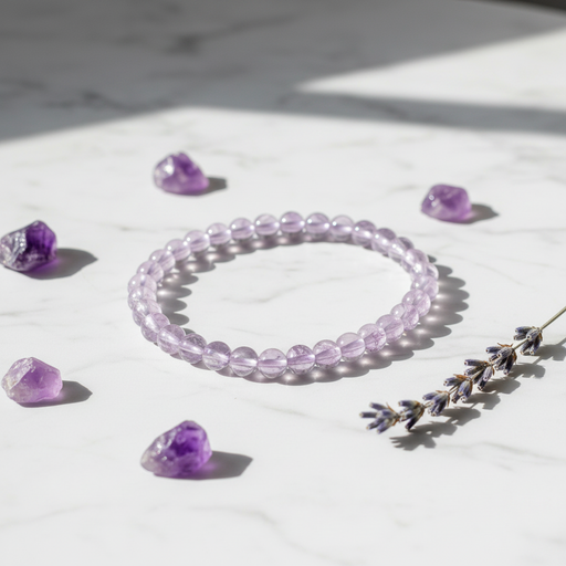 A translucent light purple beaded bracelet arranged in a circle on a white marble surface, surrounded by scattered purple crystal stones and a sprig of lavender under soft natural shadows.