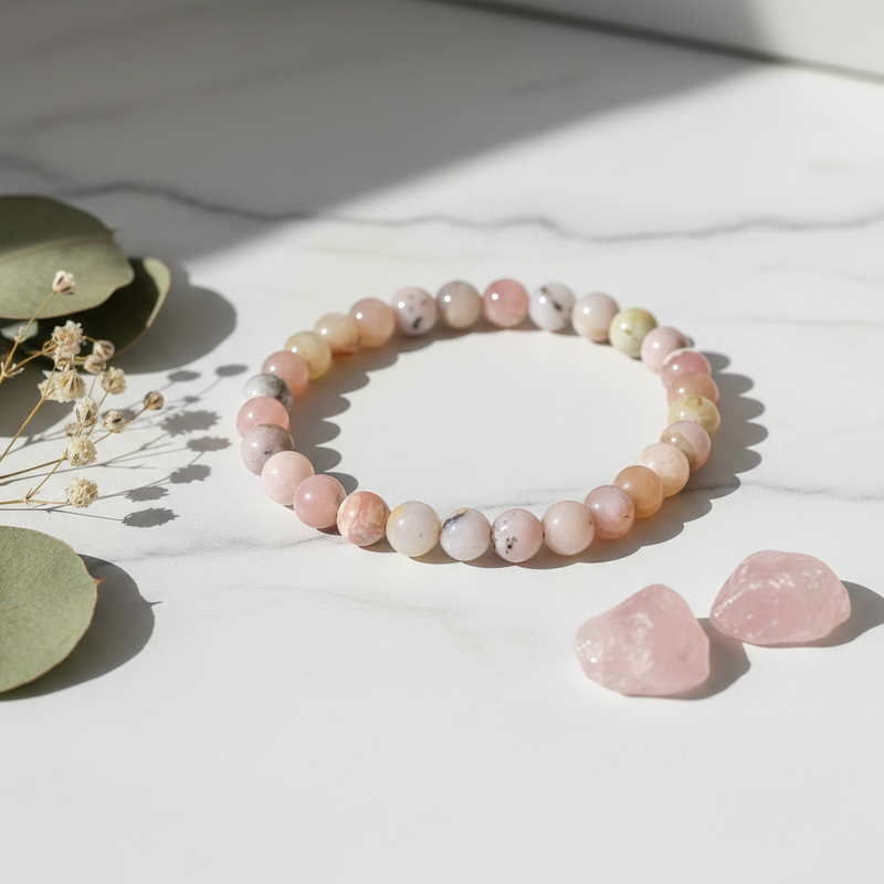 A beaded stretch bracelet made of round marbled pink, peach, and cream beads, styled on a white marble surface with dried flowers and two pink crystal stones.