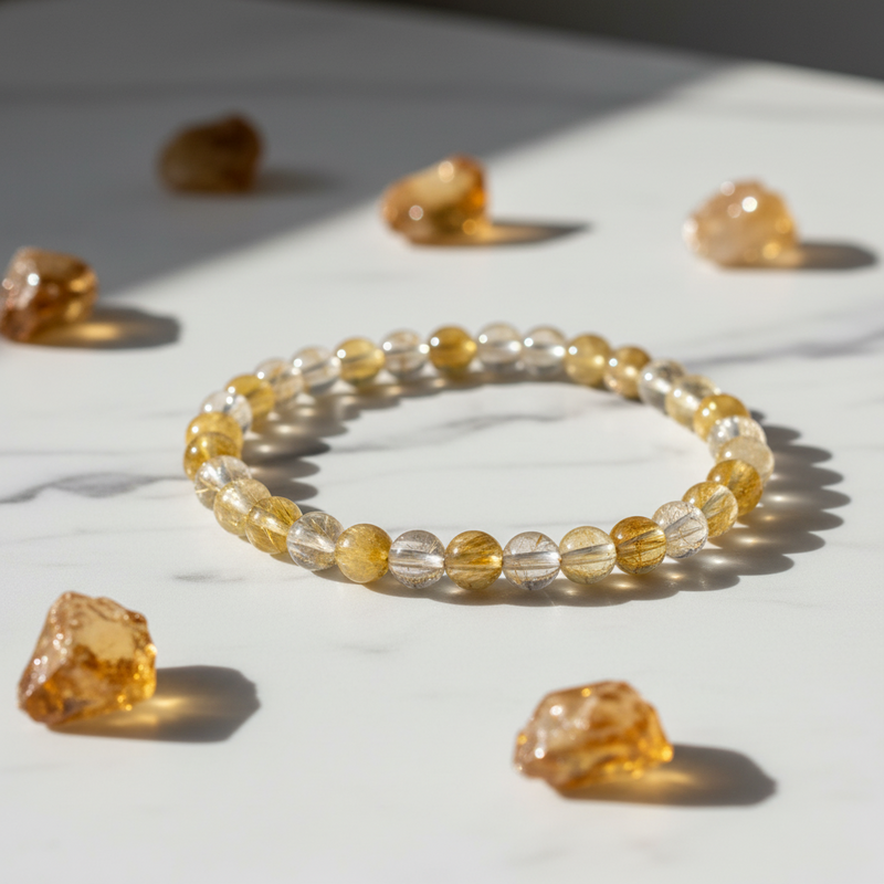 A beaded stretch bracelet made of alternating translucent yellow and clear round beads, displayed on a white marble surface with scattered raw amber stones in soft sunlight.