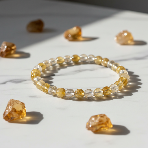 A beaded stretch bracelet made of alternating translucent yellow and clear round beads, displayed on a white marble surface with scattered raw amber stones in soft sunlight.