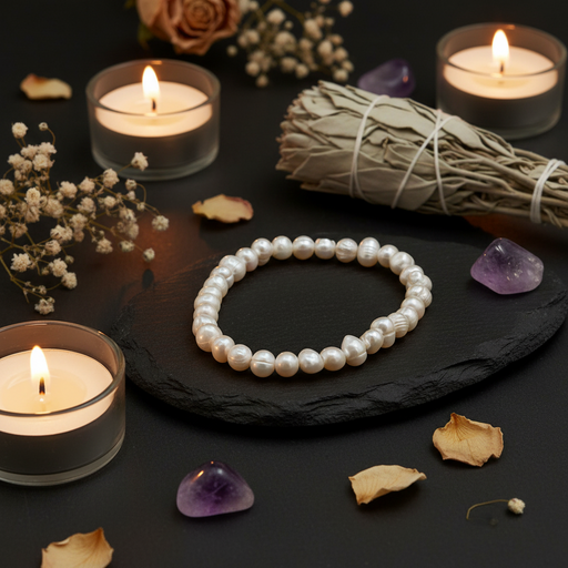 A white pearl bracelet arranged in a circle on a black slate tray, surrounded by lit tealight candles, dried flowers, rose petals, and small purple crystal stones on a dark background.
