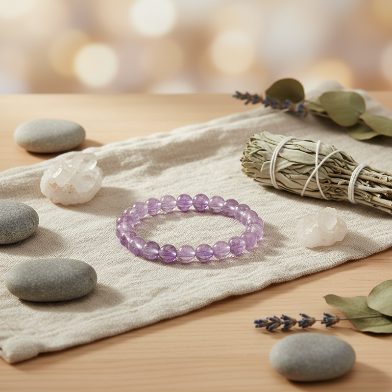 A purple beaded bracelet made of round beads, displayed on a beige textured cloth with spa props including smooth stones, a crystal cluster, a sage bundle, and dried leaves on a wooden surface.