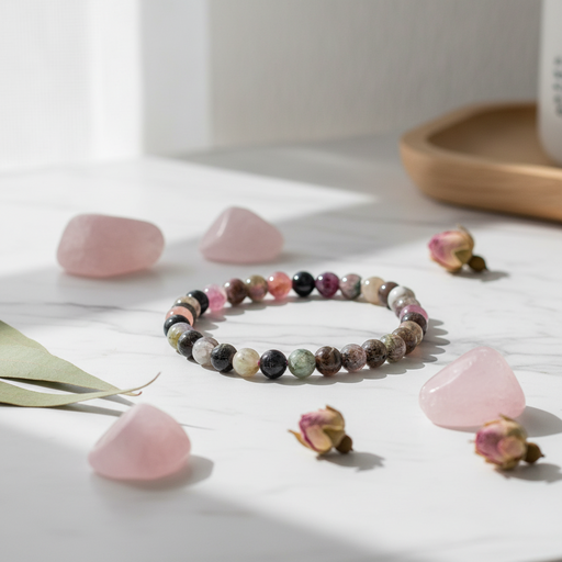 A beaded stretch bracelet made of polished multicolored gemstone-like beads, styled on a white marble surface with pink rose quartz stones, dried rosebuds, and a soft natural shadow.