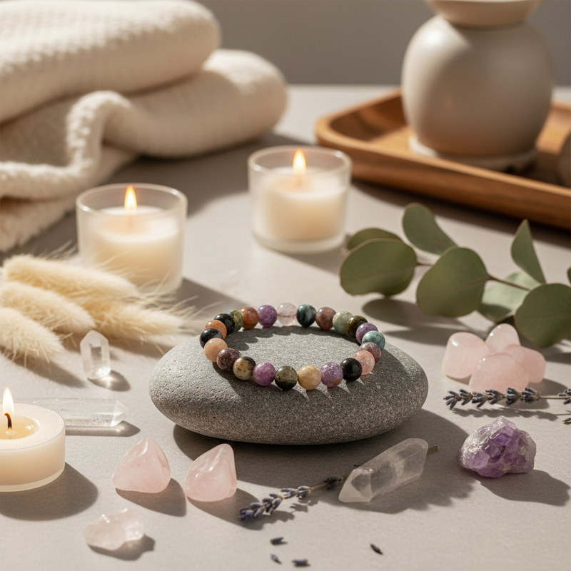 A beaded bracelet made of multicolored polished stones sits on a smooth gray stone in a styled tabletop scene with lit candles, crystals, dried grass, eucalyptus leaves, and folded cream fabric.
