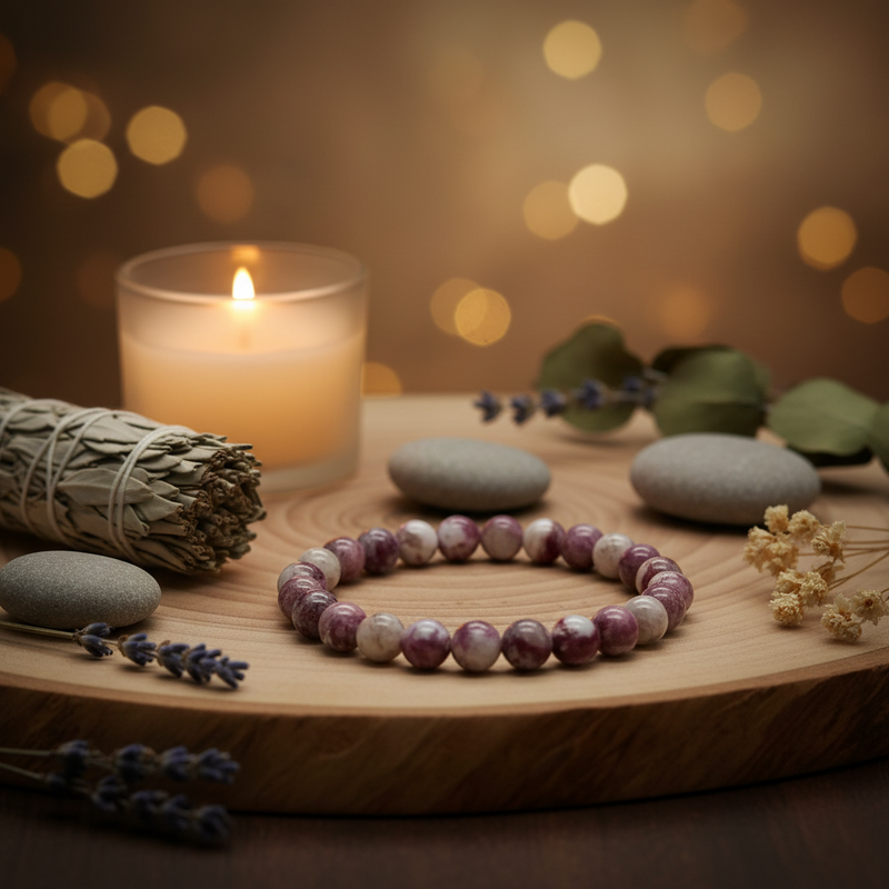 A beaded bracelet made of pink and white marbled beads is arranged on a round wooden tray with spa-style props, including smooth stones, a lit candle, dried lavender sprigs, and a bundle of dried herbs, against a warm blurred bokeh background.