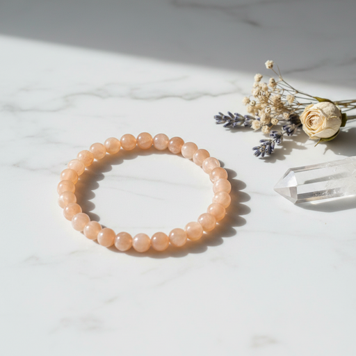 A peach-beige beaded bracelet made of smooth, polished round beads, arranged in a circle on a white marble surface next to dried flowers and a clear crystal point.