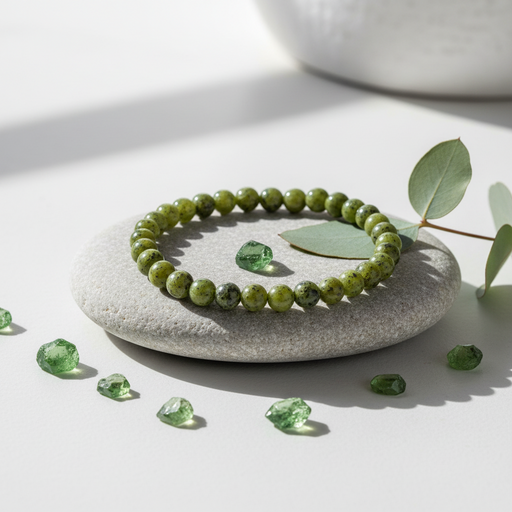 A green beaded bracelet arranged on a smooth light gray stone, with a few loose green gemstones and eucalyptus leaves on a white surface in soft natural light.