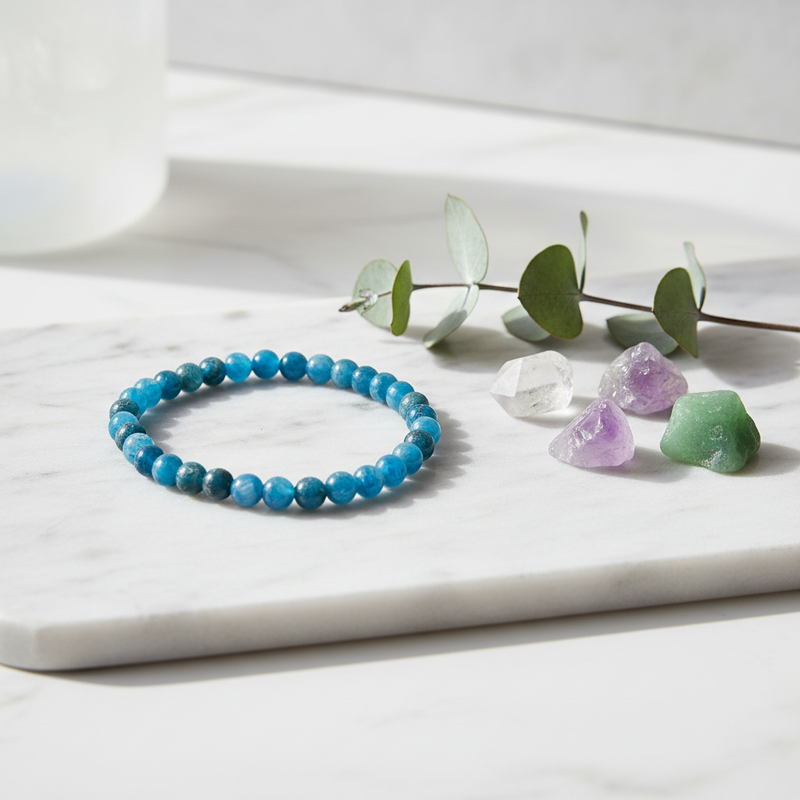 A beaded bracelet made of bright blue round beads sits on a white marble tray, styled with eucalyptus leaves and small crystal stones on a light surface.