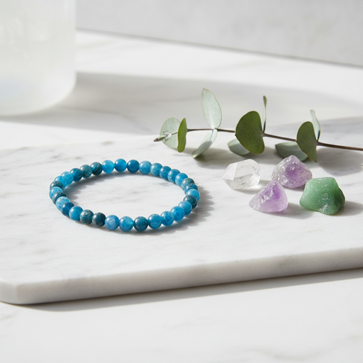 A beaded bracelet made of bright blue round beads sits on a white marble tray, styled with eucalyptus leaves and small crystal stones on a light surface.