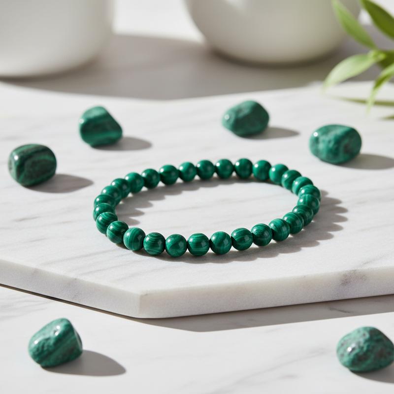 A green beaded bracelet made of polished round stones, displayed on a white marble slab with matching green stones scattered around it.