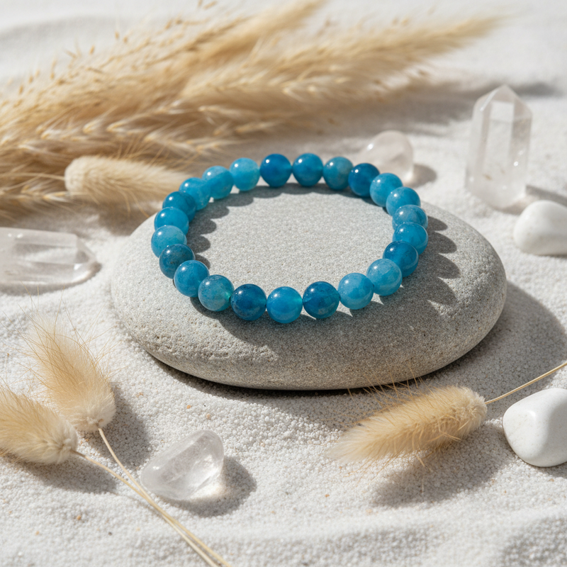 A beaded stretch bracelet made of round, polished blue gemstone beads sits on a smooth gray stone, surrounded by white sand, clear crystal points, and dried beige grass in a styled flat-lay arrangement.