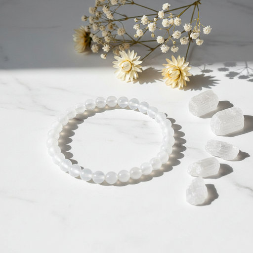 A white beaded bracelet made of smooth, rounded translucent beads is arranged in a circle on a white marble surface, with dried white flowers and several clear crystal stones placed nearby in soft sunlight.