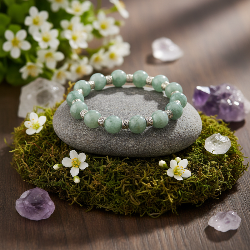 A beaded bracelet made of light green round beads with small silver spacer accents, displayed on a smooth gray stone. The stone sits on a bed of green moss surrounded by small white flowers and clear and purple crystals on a wooden surface.