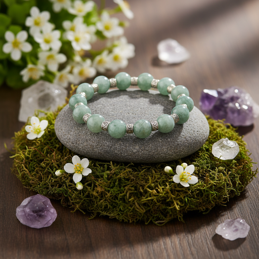 A beaded bracelet made of light green round beads with small silver spacer accents, displayed on a smooth gray stone. The stone sits on a bed of green moss surrounded by small white flowers and clear and purple crystals on a wooden surface.