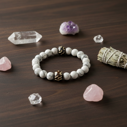 A beaded stretch bracelet with white and gray marbled beads and two metallic accent beads, displayed on a dark wooden surface surrounded by crystals and a smudge bundle.