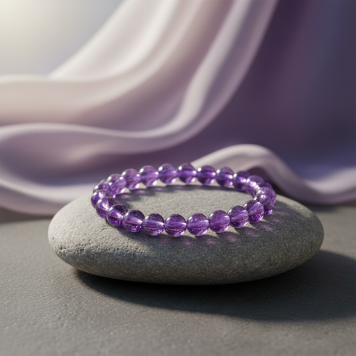 A purple beaded bracelet made of faceted oval beads, resting on a smooth gray stone with draped lavender fabric in the background.