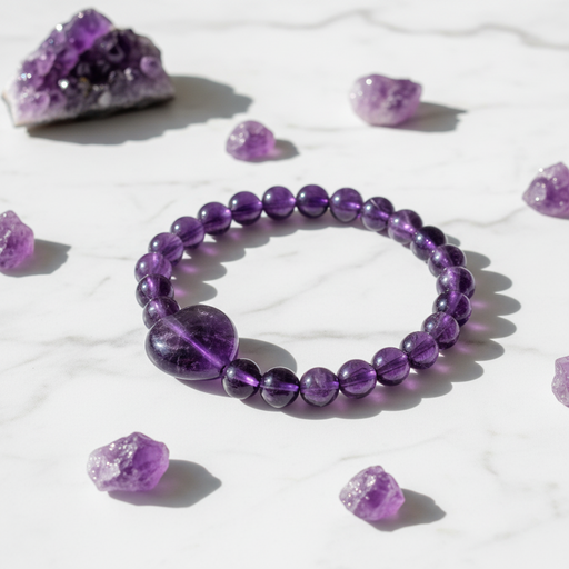 A purple amethyst beaded bracelet with a large polished oval bead, displayed on a white marble surface surrounded by scattered amethyst crystals.