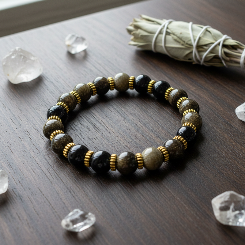 A beaded stretch bracelet made of polished dark brown and black stone beads separated by small gold spacer beads, displayed on a dark wooden surface with crystal points and a white sage bundle nearby.