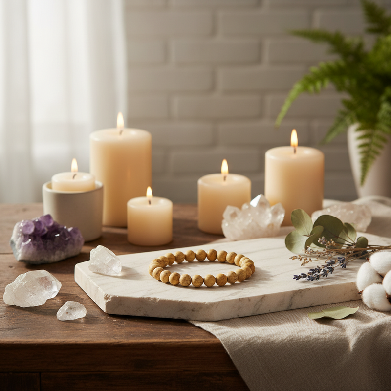 A wooden bead bracelet with light brown beads is displayed on a white marble tray, surrounded by lit candles, crystals, cotton bolls, and greenery on a wooden table.