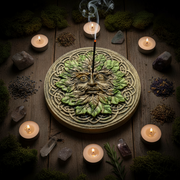 Incense Burner with Old Tree Face surrounded by candles and stones on a wooden surface