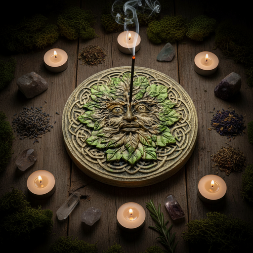 Incense Burner with Old Tree Face surrounded by candles and stones on a wooden surface