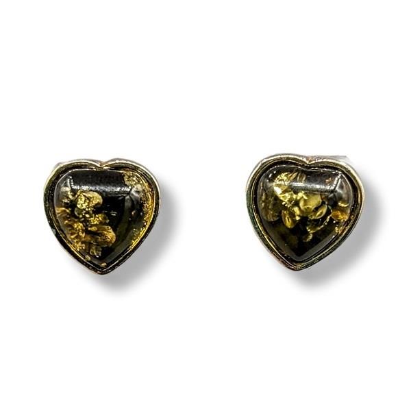 Earrings Green Amber Heart Sterling Silver
