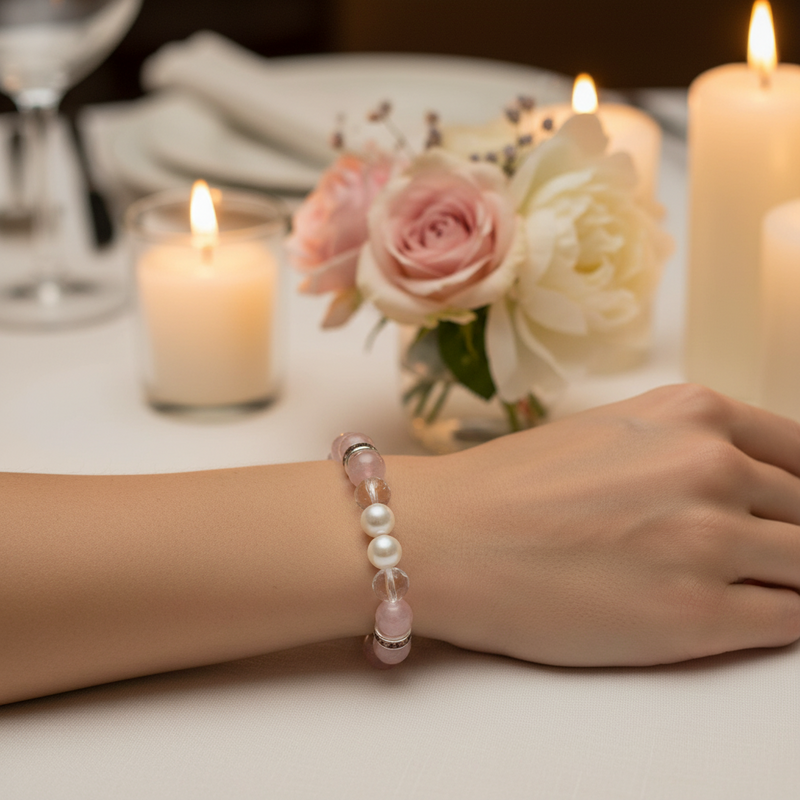 8mm Bracelet Rose Quartz, Pearl & Quartz Crystal