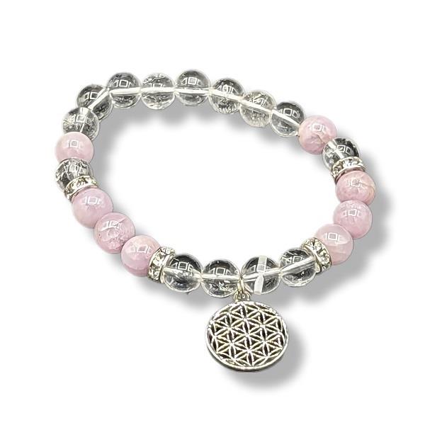 8mm Bracelet Kunzite & Quartz Crystal with Flower of Life