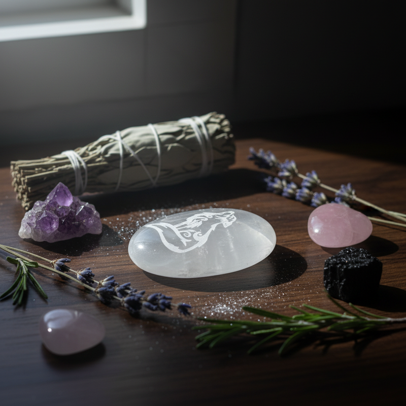 Selenite palm stone  with engraved wolf design on a table with sage, herbs and crystals around it.